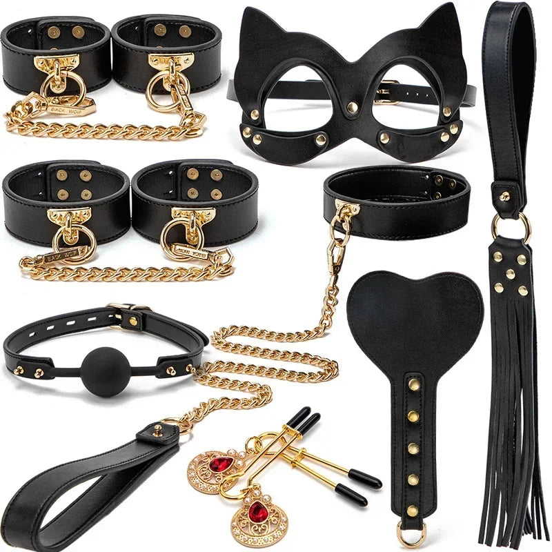 Genuine Leather BDSM Bondage Set – Collar, Cuffs, Gag & Whip
