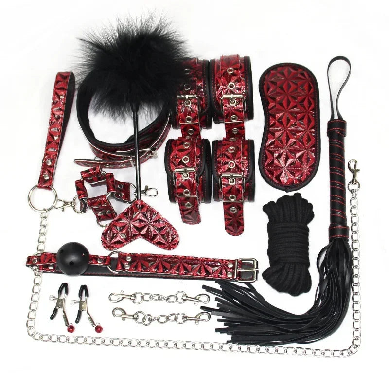 Genuine Leather BDSM Bondage Set – Collar, Cuffs, Gag & Whip