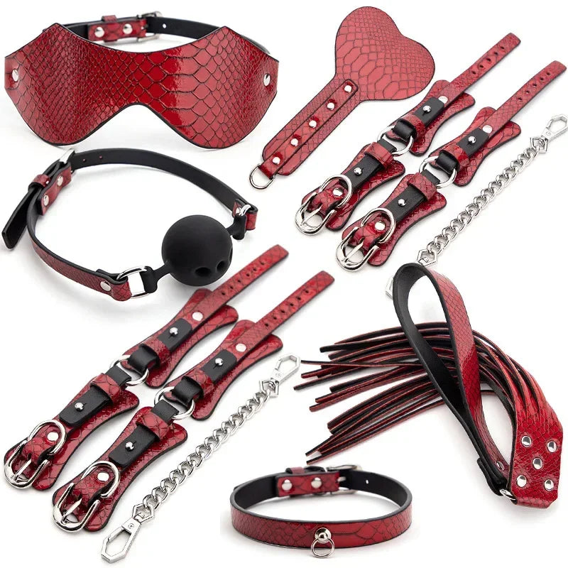 Genuine Leather BDSM Bondage Set – Collar, Cuffs, Gag & Whip