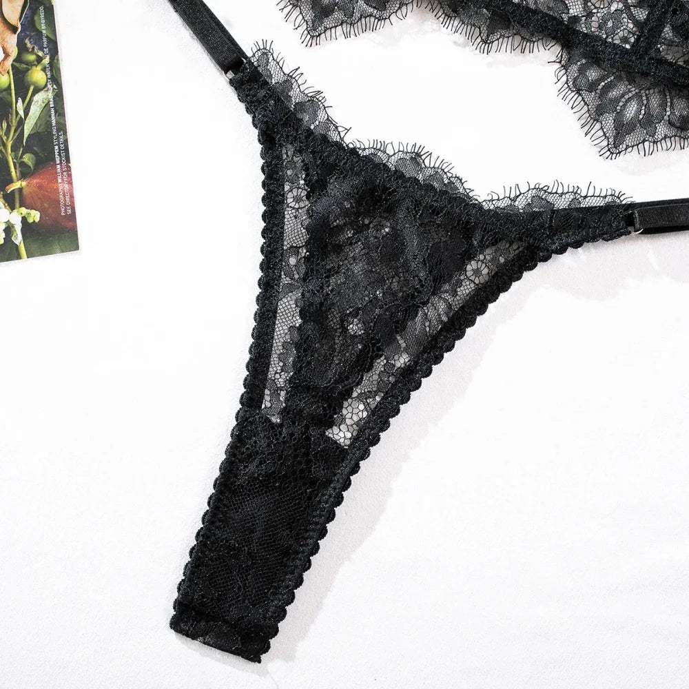 Krasapt Floral Eyelash Lace Bustier & Brief Set – Transparent Unlined Lingerie for Women
