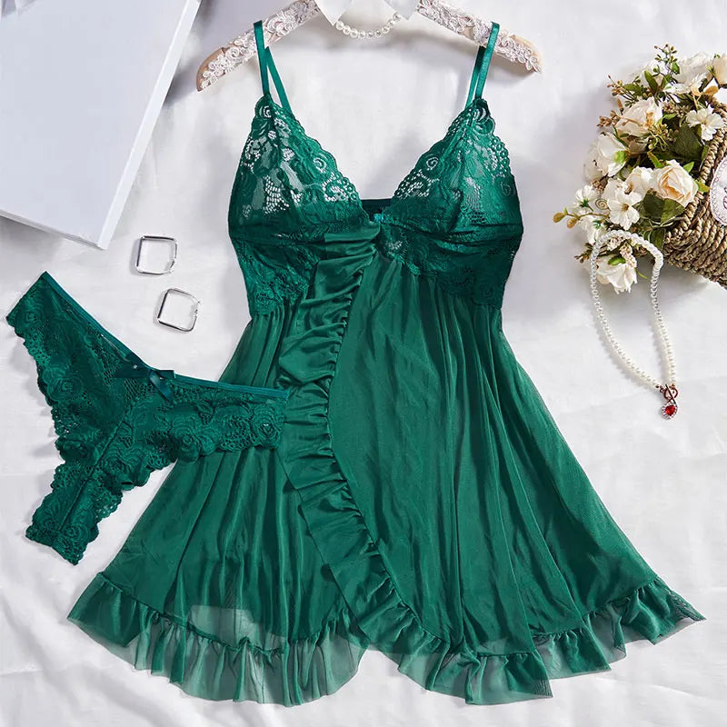 Exquisite Lace Tulle Suspender Lingerie Set – V-Neck Thong Nightdress for Women