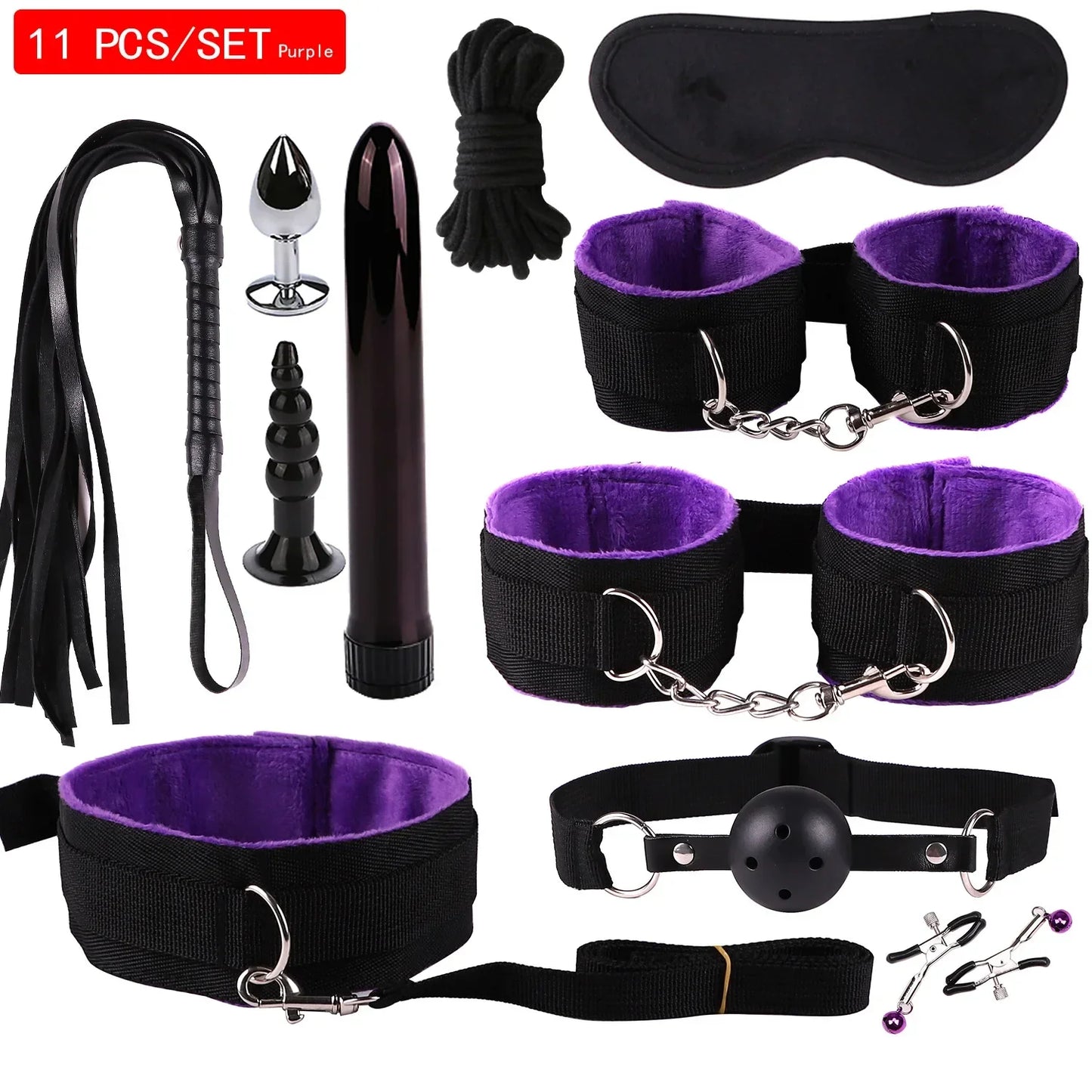 Genuine Leather BDSM Bondage Set – Collar, Cuffs, Gag & Whip
