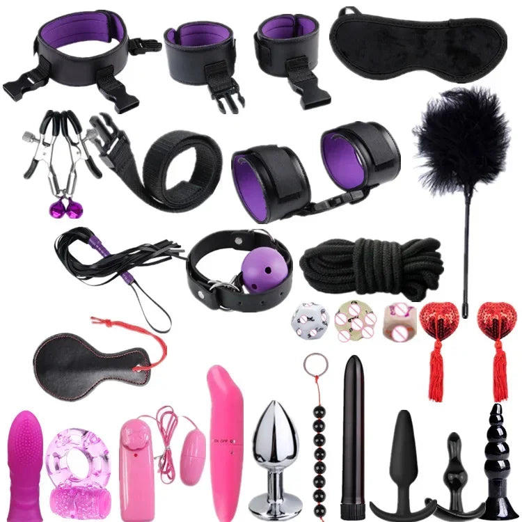 Genuine Leather BDSM Bondage Set – Collar, Cuffs, Gag & Whip