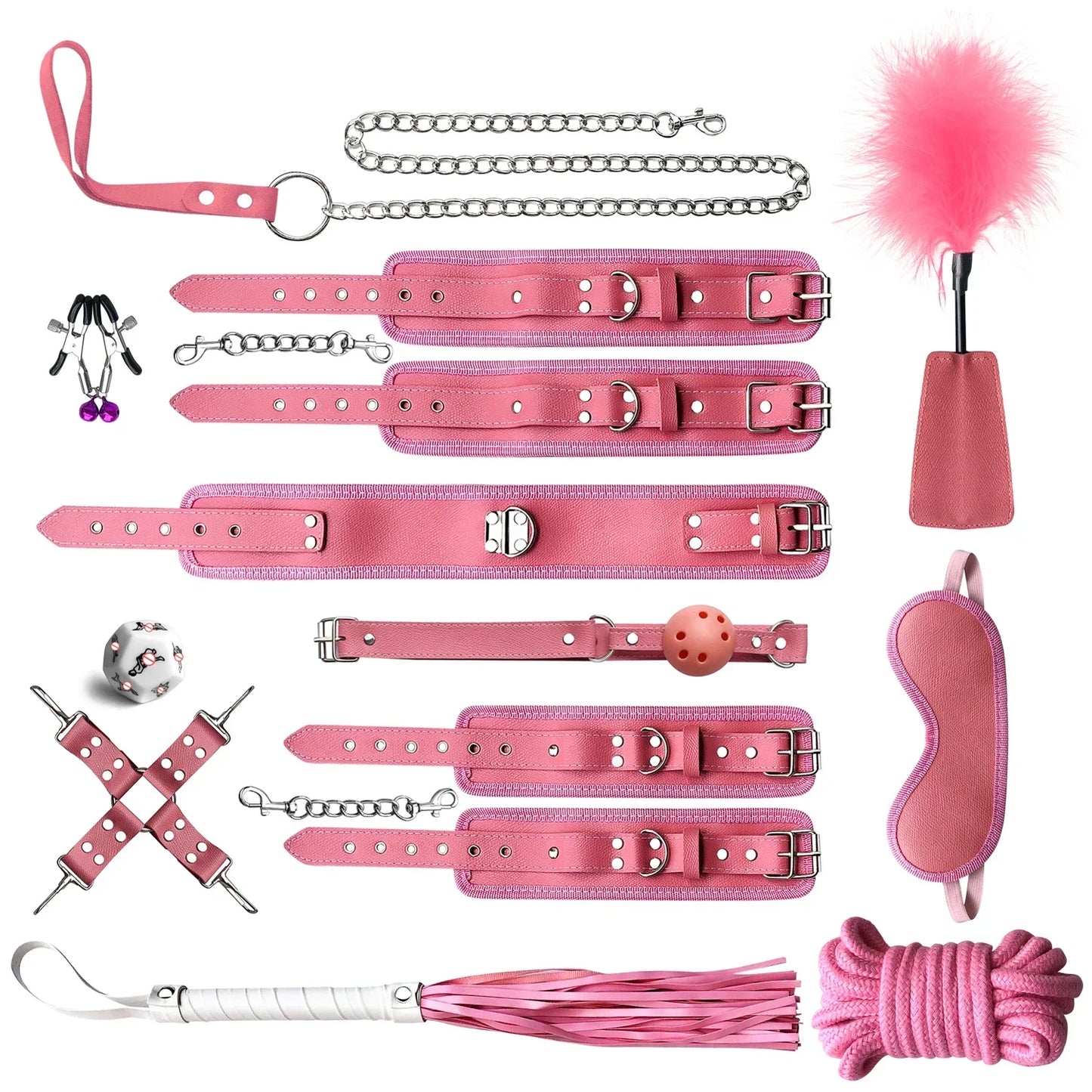 Genuine Leather BDSM Bondage Set – Collar, Cuffs, Gag & Whip