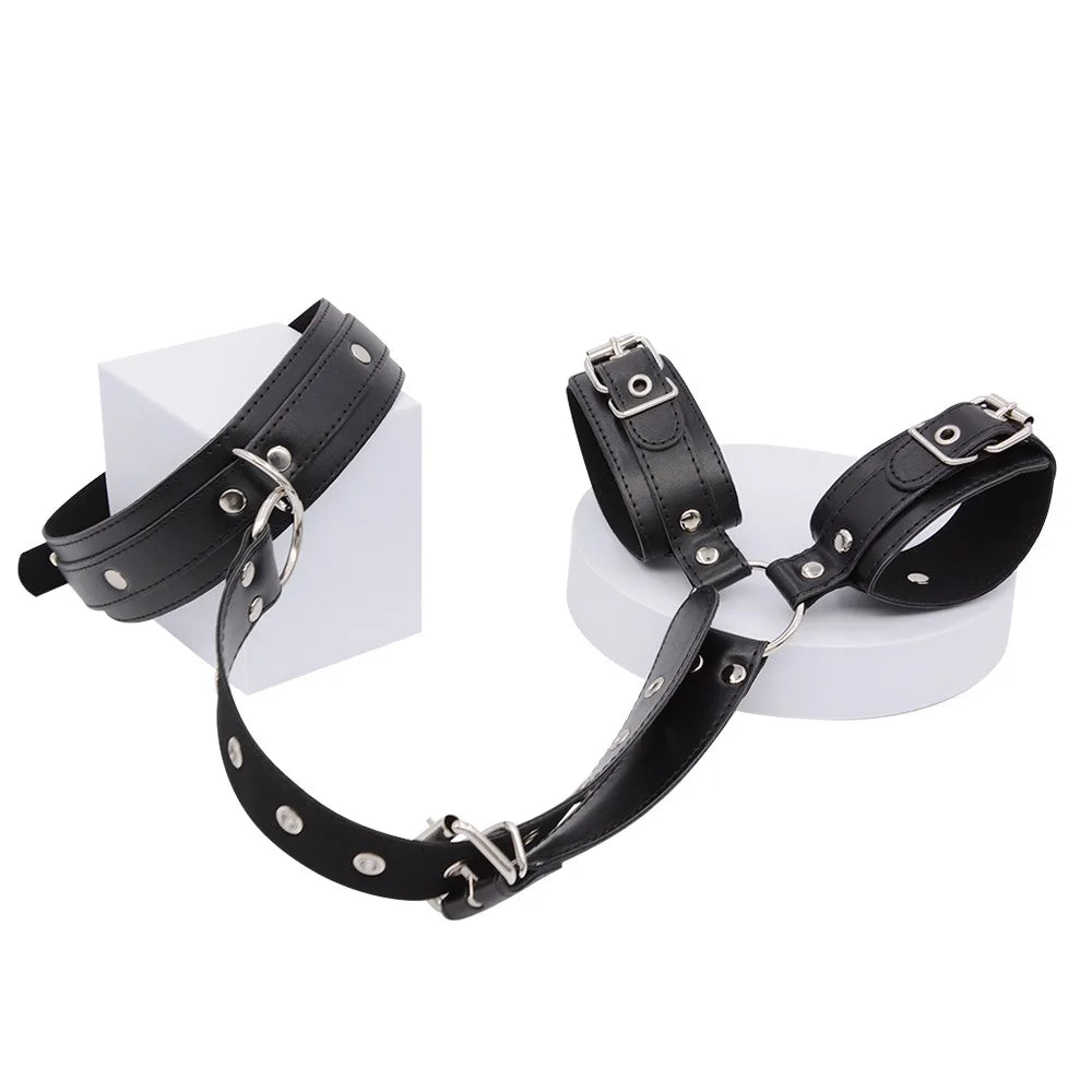 Leather Neck & Wrist Cuff Set – Gothic Bondage Collar & Handcuffs