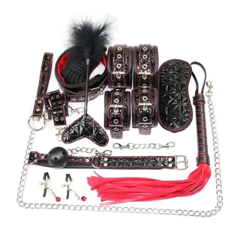 Genuine Leather BDSM Bondage Set – Collar, Cuffs, Gag & Whip