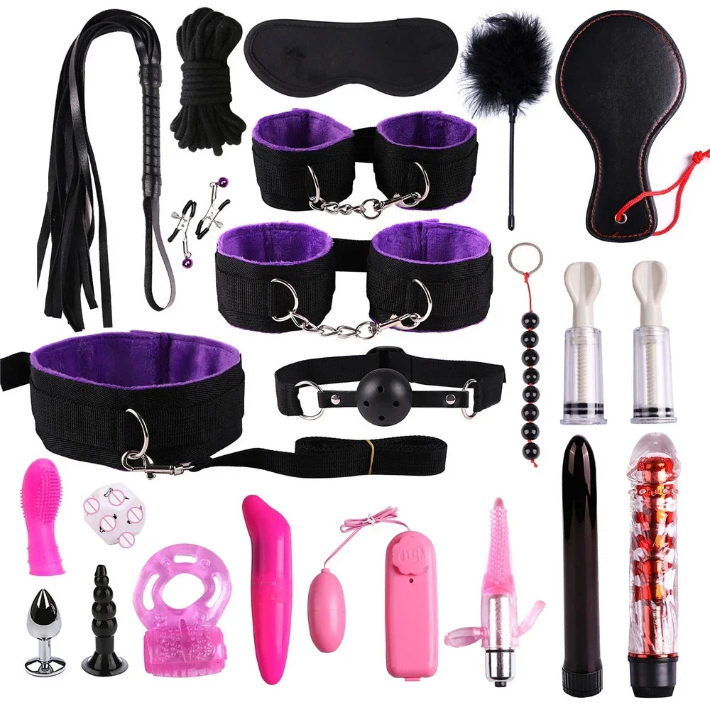 Genuine Leather BDSM Bondage Set – Collar, Cuffs, Gag & Whip