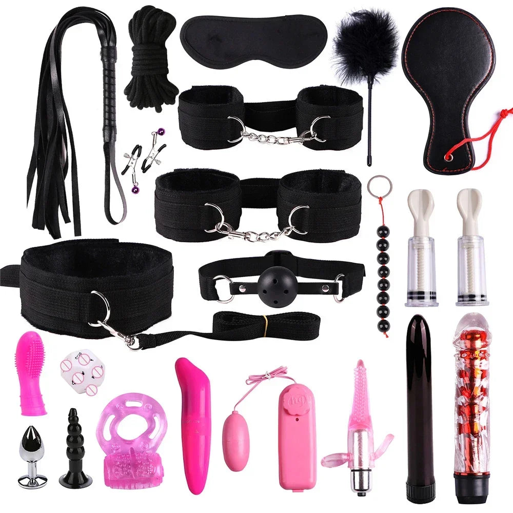 Genuine Leather BDSM Bondage Set – Collar, Cuffs, Gag & Whip