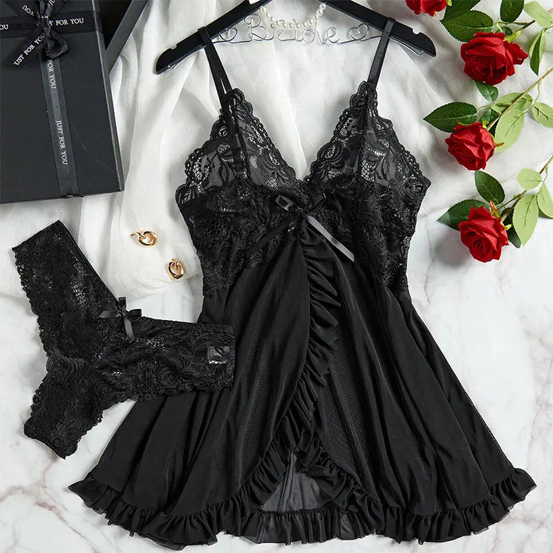 Exquisite Lace Tulle Suspender Lingerie Set – V-Neck Thong Nightdress for Women