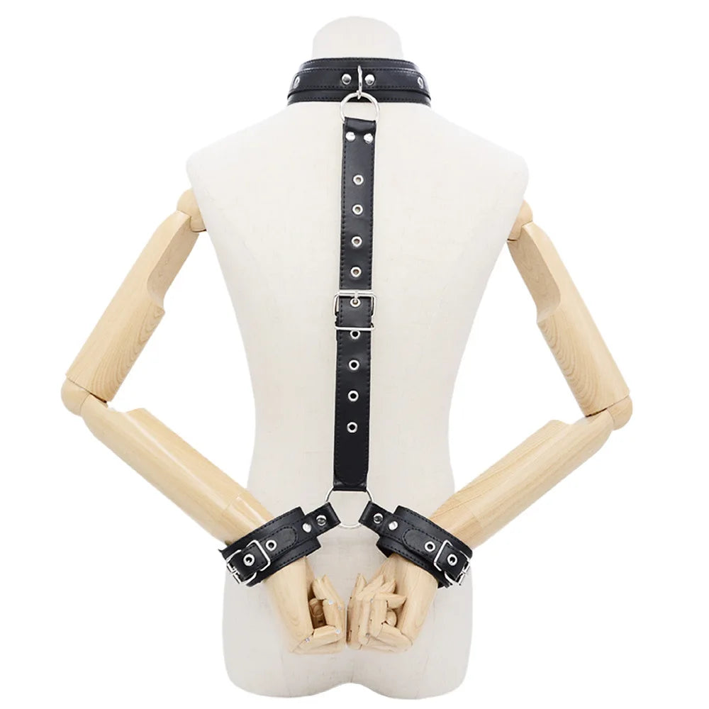 Leather Neck & Wrist Cuff Set – Gothic Bondage Collar & Handcuffs