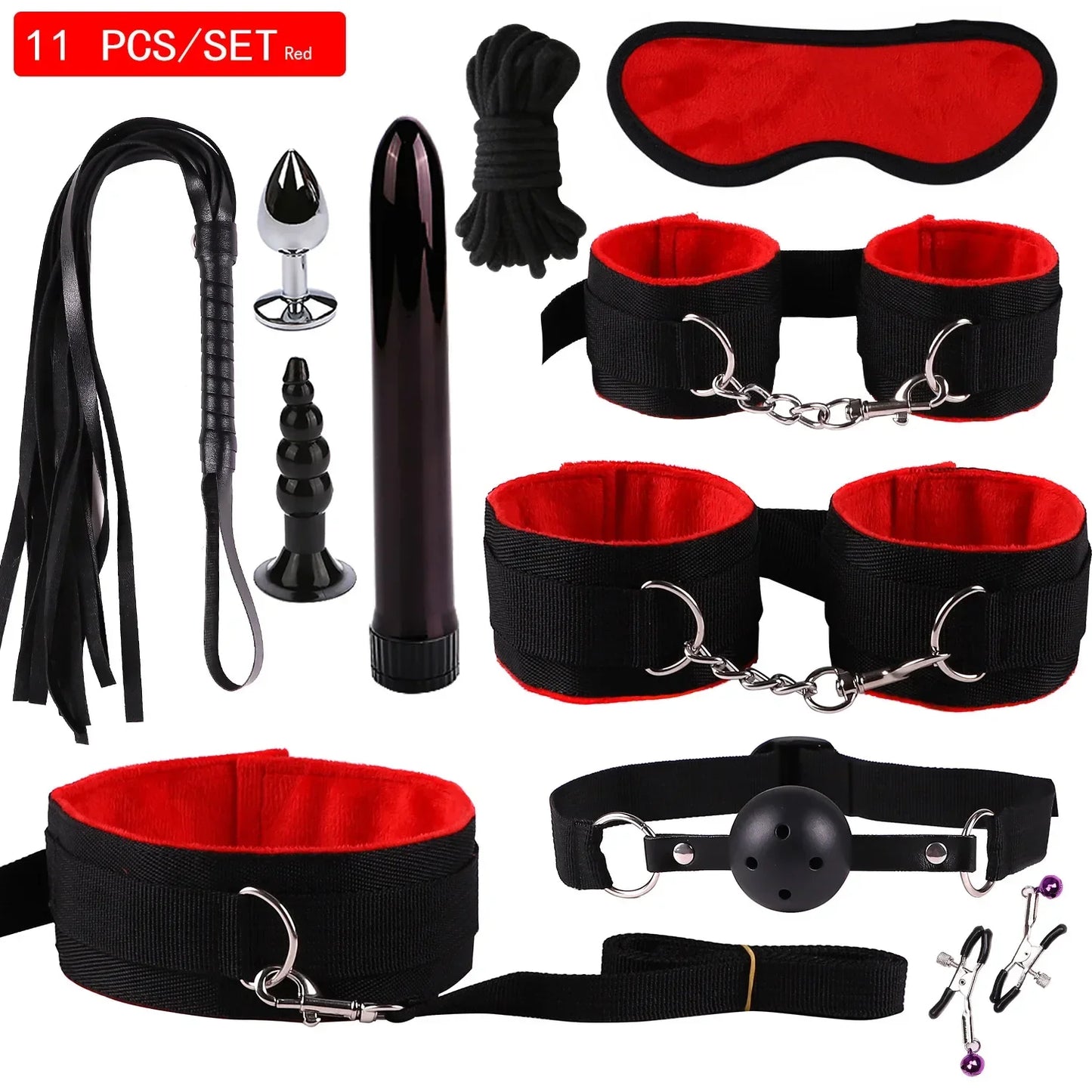 Genuine Leather BDSM Bondage Set – Collar, Cuffs, Gag & Whip