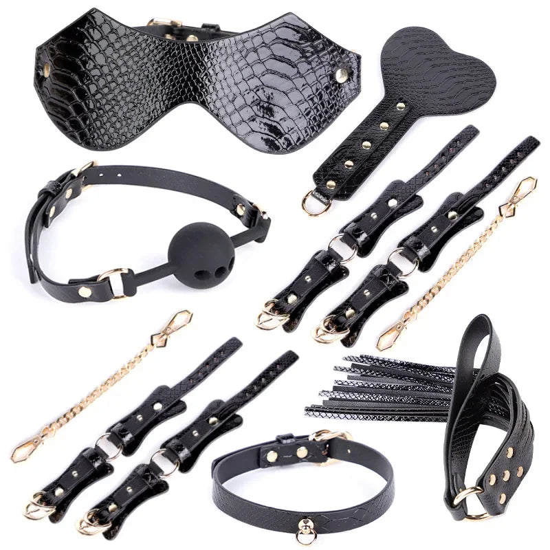 Genuine Leather BDSM Bondage Set – Collar, Cuffs, Gag & Whip