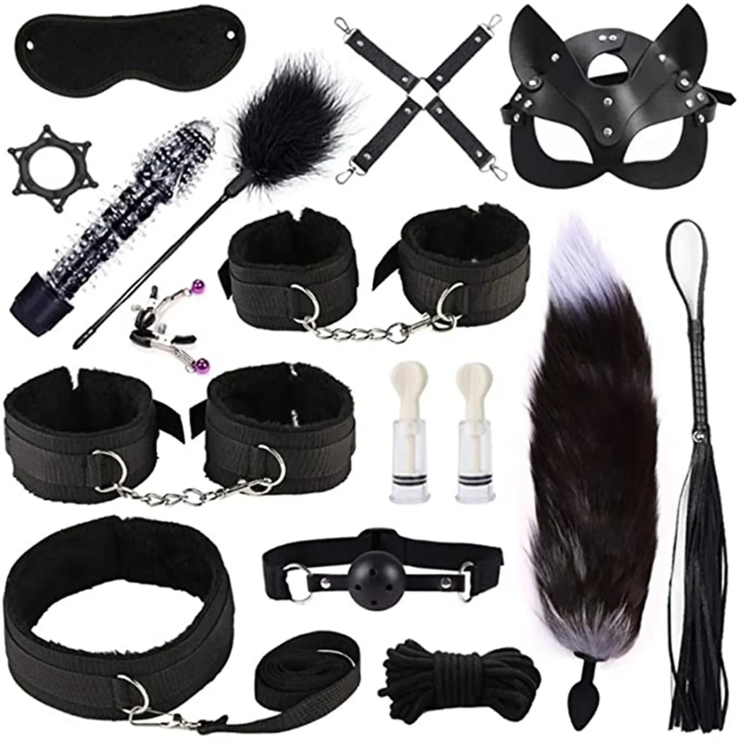 Genuine Leather BDSM Bondage Set – Collar, Cuffs, Gag & Whip