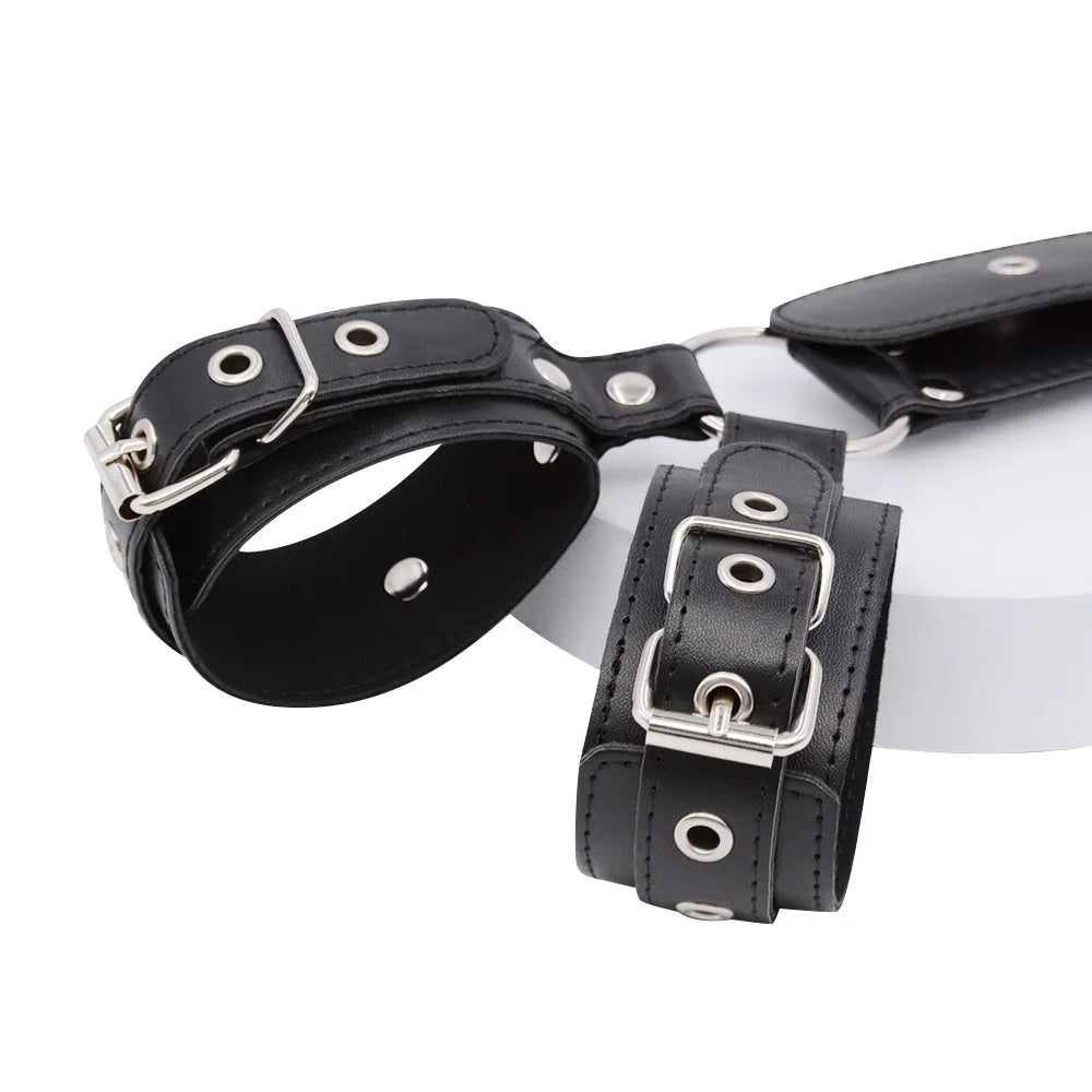 Leather Neck & Wrist Cuff Set – Gothic Bondage Collar & Handcuffs
