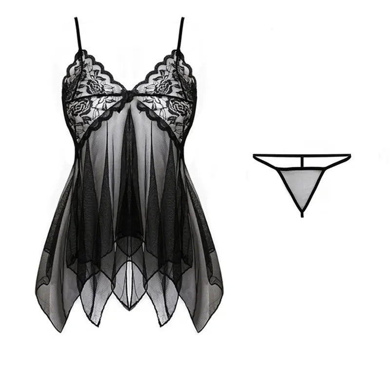Exquisite Lace Tulle Suspender Lingerie Set – V-Neck Thong Nightdress for Women