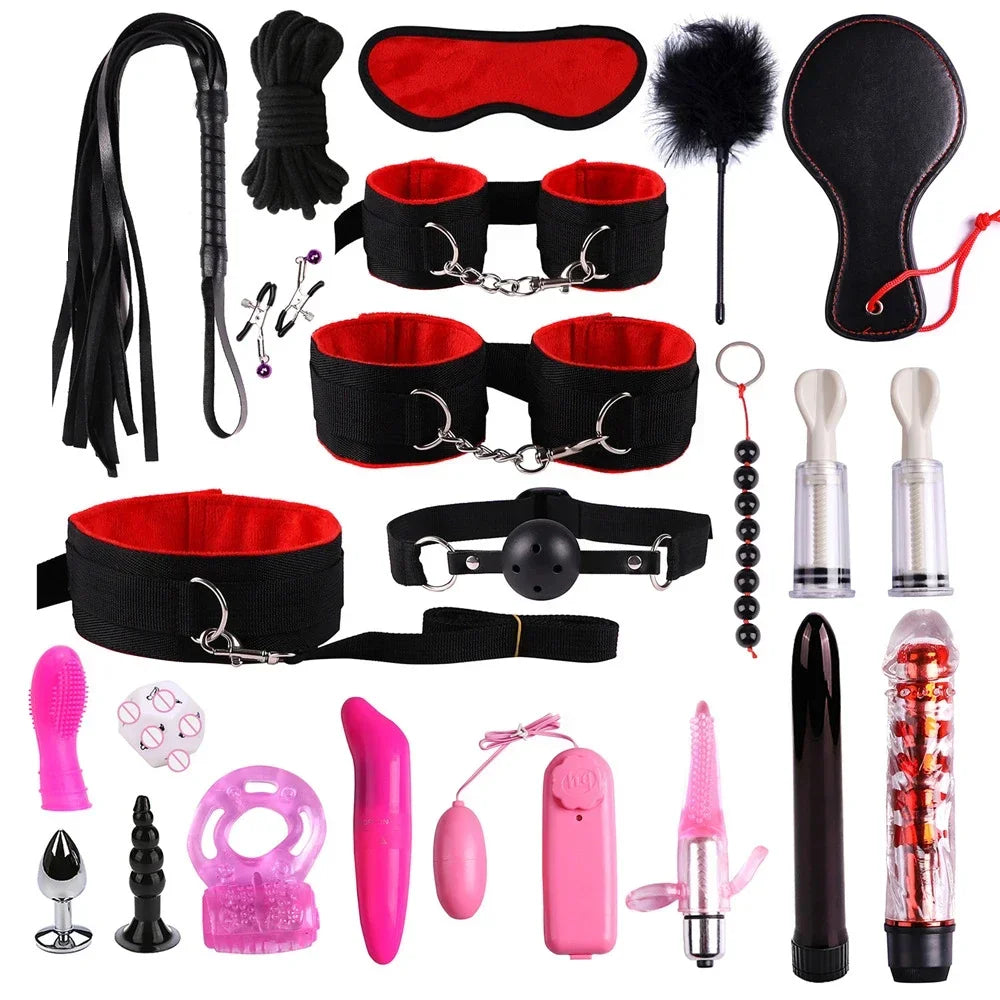 Genuine Leather BDSM Bondage Set – Collar, Cuffs, Gag & Whip