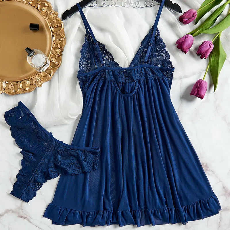Exquisite Lace Tulle Suspender Lingerie Set – V-Neck Thong Nightdress for Women