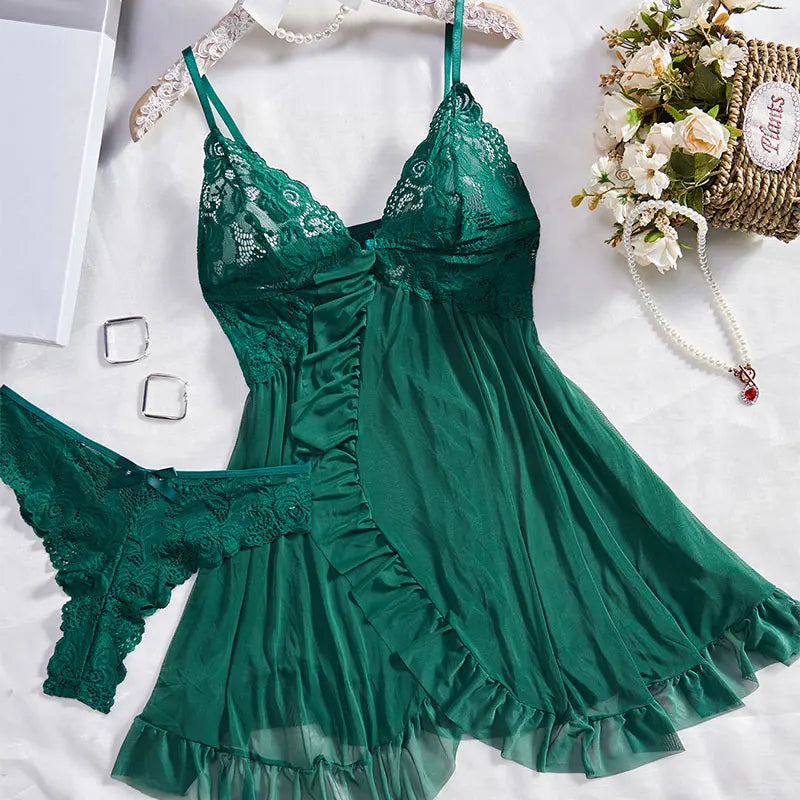 Exquisite Lace Tulle Suspender Lingerie Set – V-Neck Thong Nightdress for Women