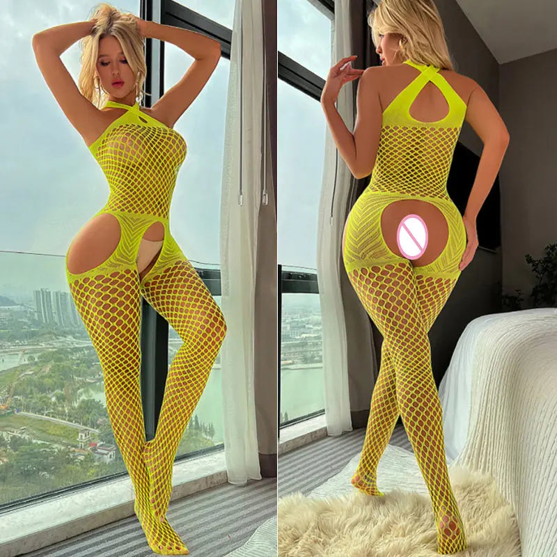 Erotic Open-Crotch Bodystocking – Sexy Mesh Lingerie Tights with Crotchless Design for Women