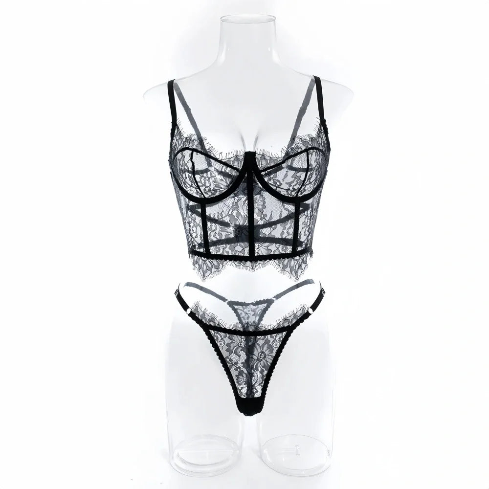 Krasapt Floral Eyelash Lace Bustier & Brief Set – Transparent Unlined Lingerie for Women