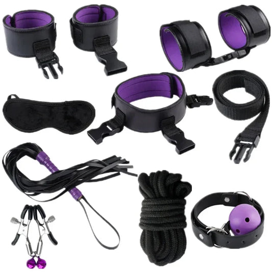 Genuine Leather BDSM Bondage Set – Collar, Cuffs, Gag & Whip
