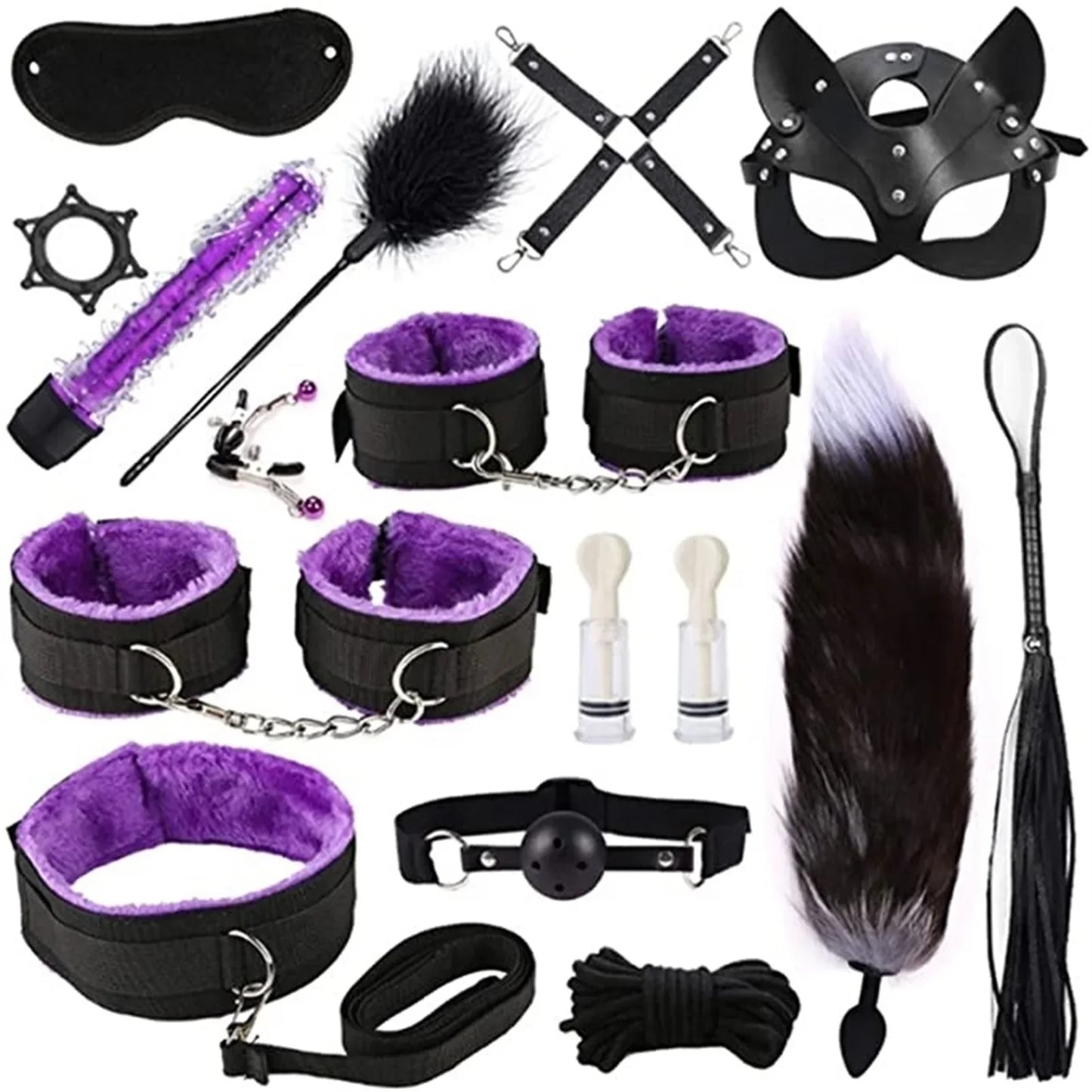 Genuine Leather BDSM Bondage Set – Collar, Cuffs, Gag & Whip