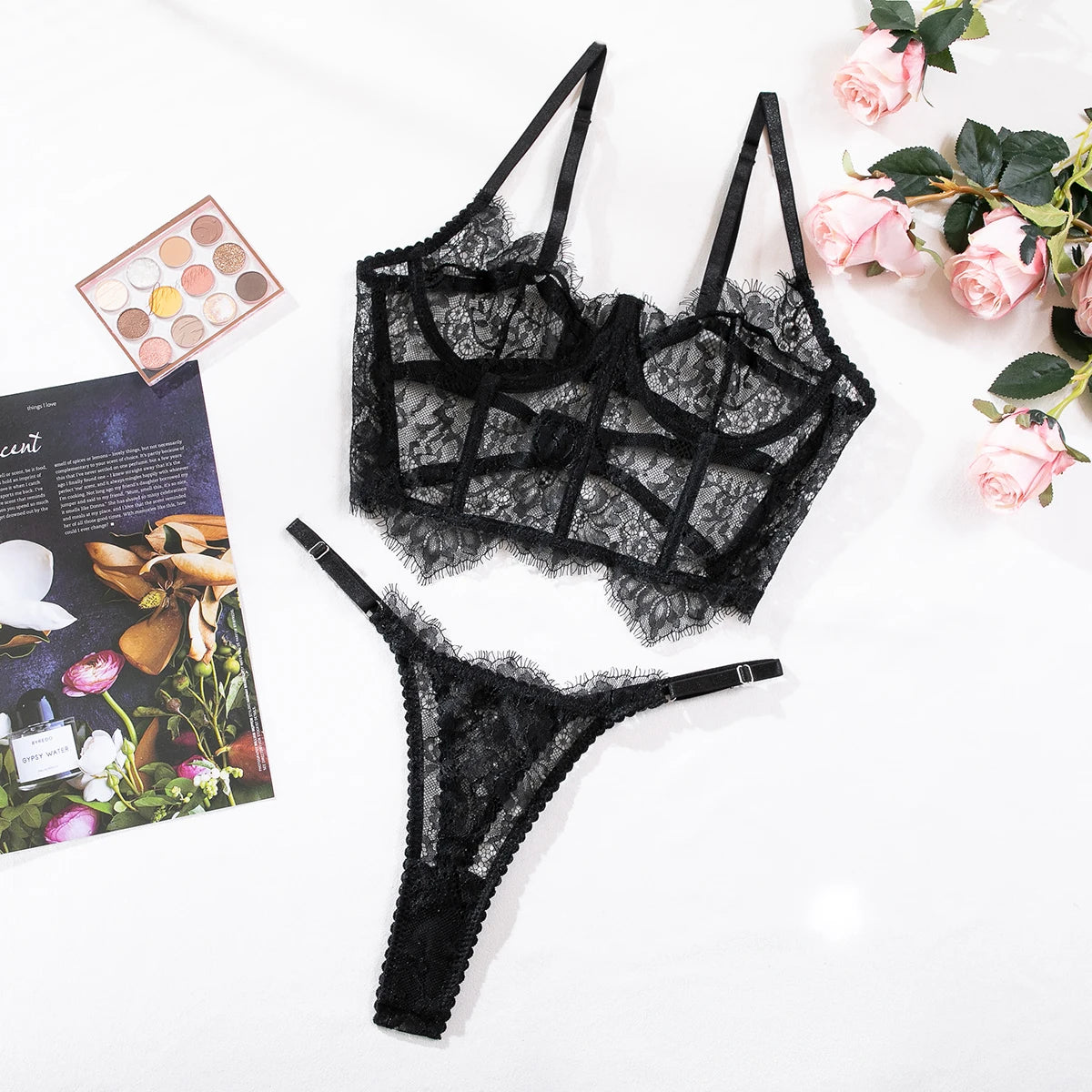 Krasapt Floral Eyelash Lace Bustier & Brief Set – Transparent Unlined Lingerie for Women