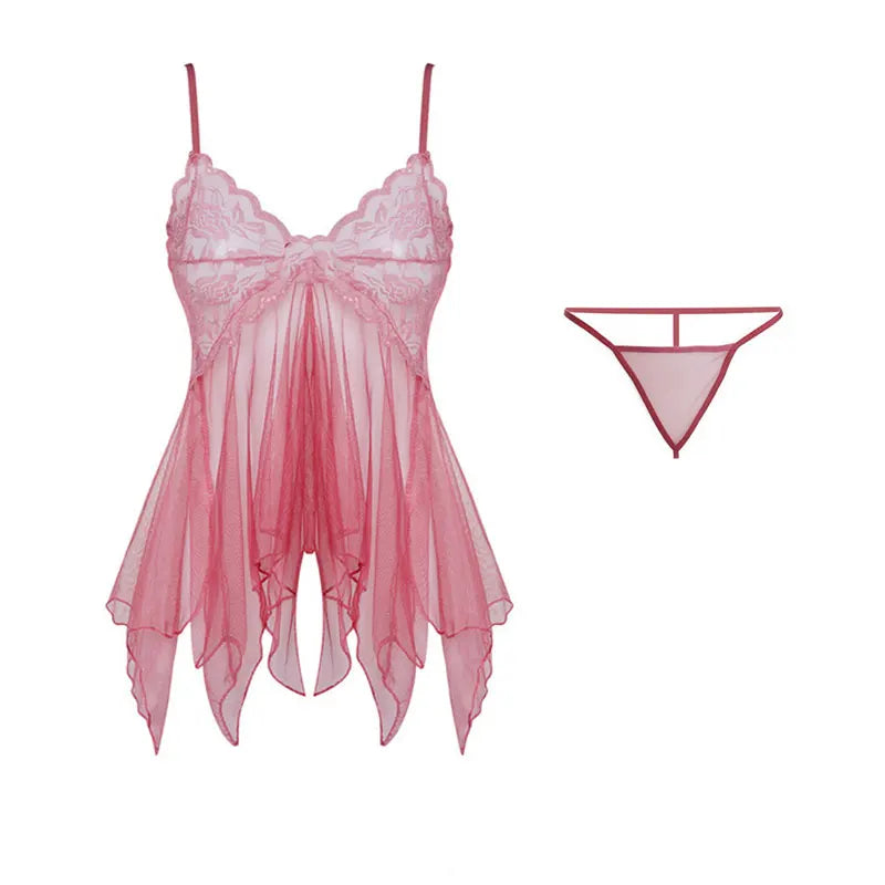 Exquisite Lace Tulle Suspender Lingerie Set – V-Neck Thong Nightdress for Women