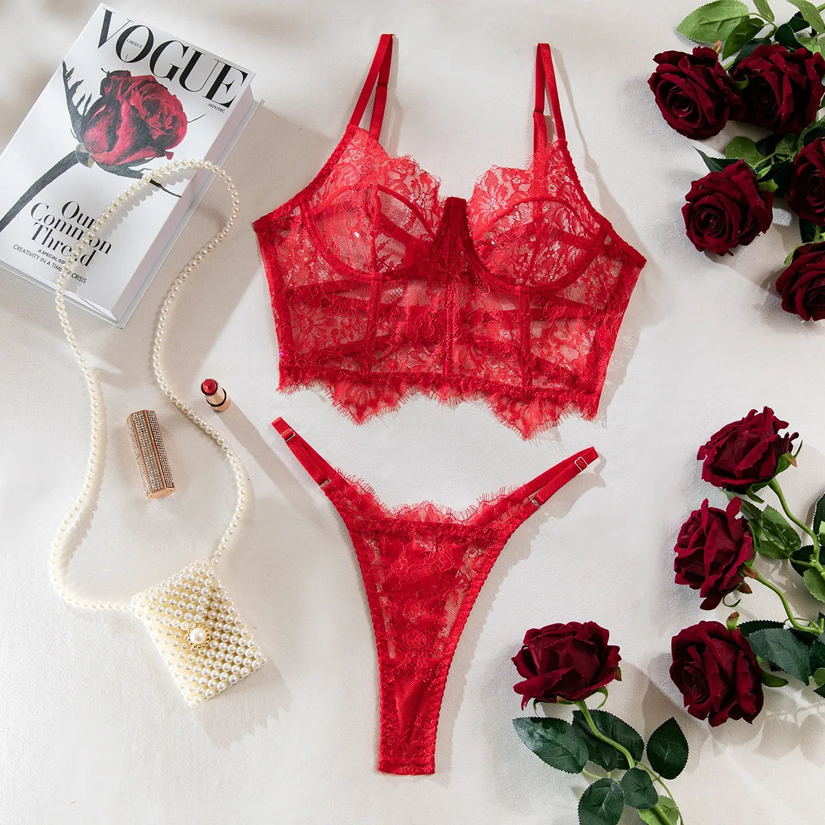 Krasapt Floral Eyelash Lace Bustier & Brief Set – Transparent Unlined Lingerie for Women