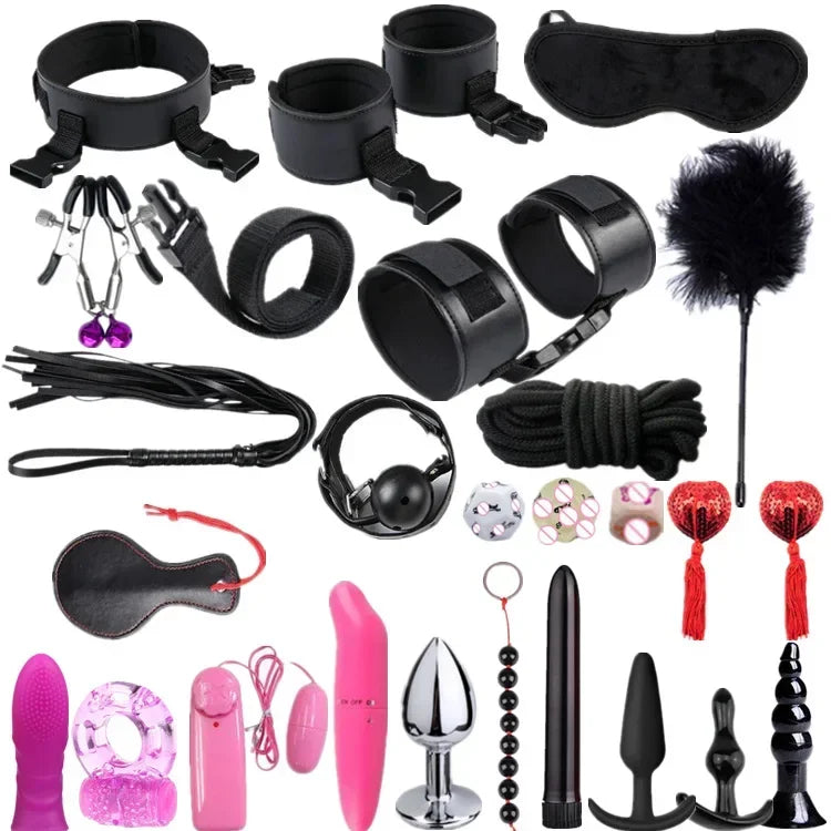 Genuine Leather BDSM Bondage Set – Collar, Cuffs, Gag & Whip