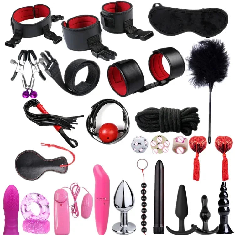Genuine Leather BDSM Bondage Set – Collar, Cuffs, Gag & Whip