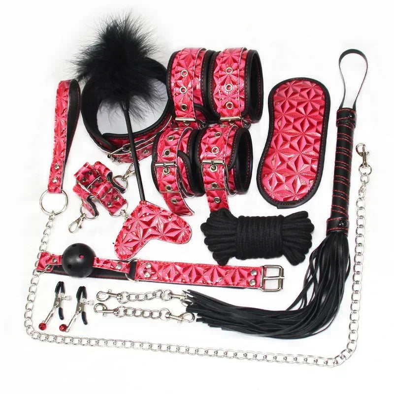 Genuine Leather BDSM Bondage Set – Collar, Cuffs, Gag & Whip