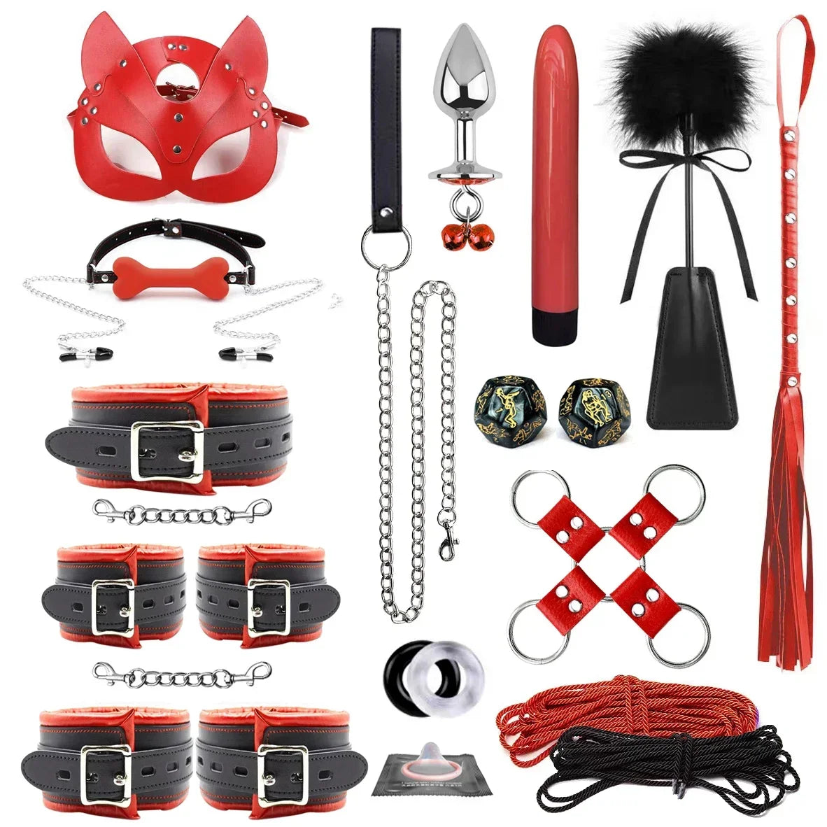 Genuine Leather BDSM Bondage Set – Collar, Cuffs, Gag & Whip