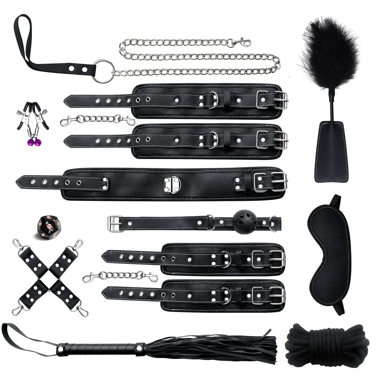 Genuine Leather BDSM Bondage Set – Collar, Cuffs, Gag & Whip