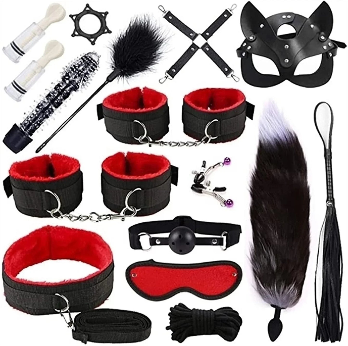 Genuine Leather BDSM Bondage Set – Collar, Cuffs, Gag & Whip