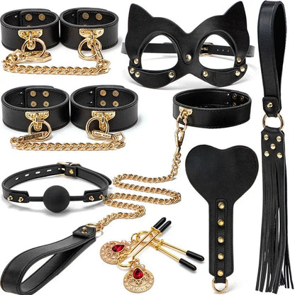 Genuine Leather BDSM Bondage Set – Collar, Cuffs, Gag & Whip