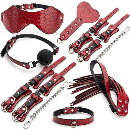 Genuine Leather BDSM Bondage Set – Collar, Cuffs, Gag & Whip