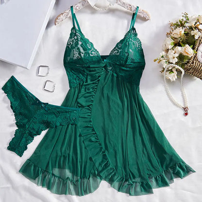 Exquisite Lace Tulle Suspender Lingerie Set – V-Neck Thong Nightdress for Women
