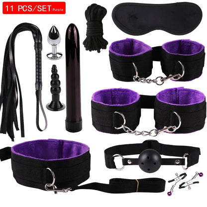 Genuine Leather BDSM Bondage Set – Collar, Cuffs, Gag & Whip