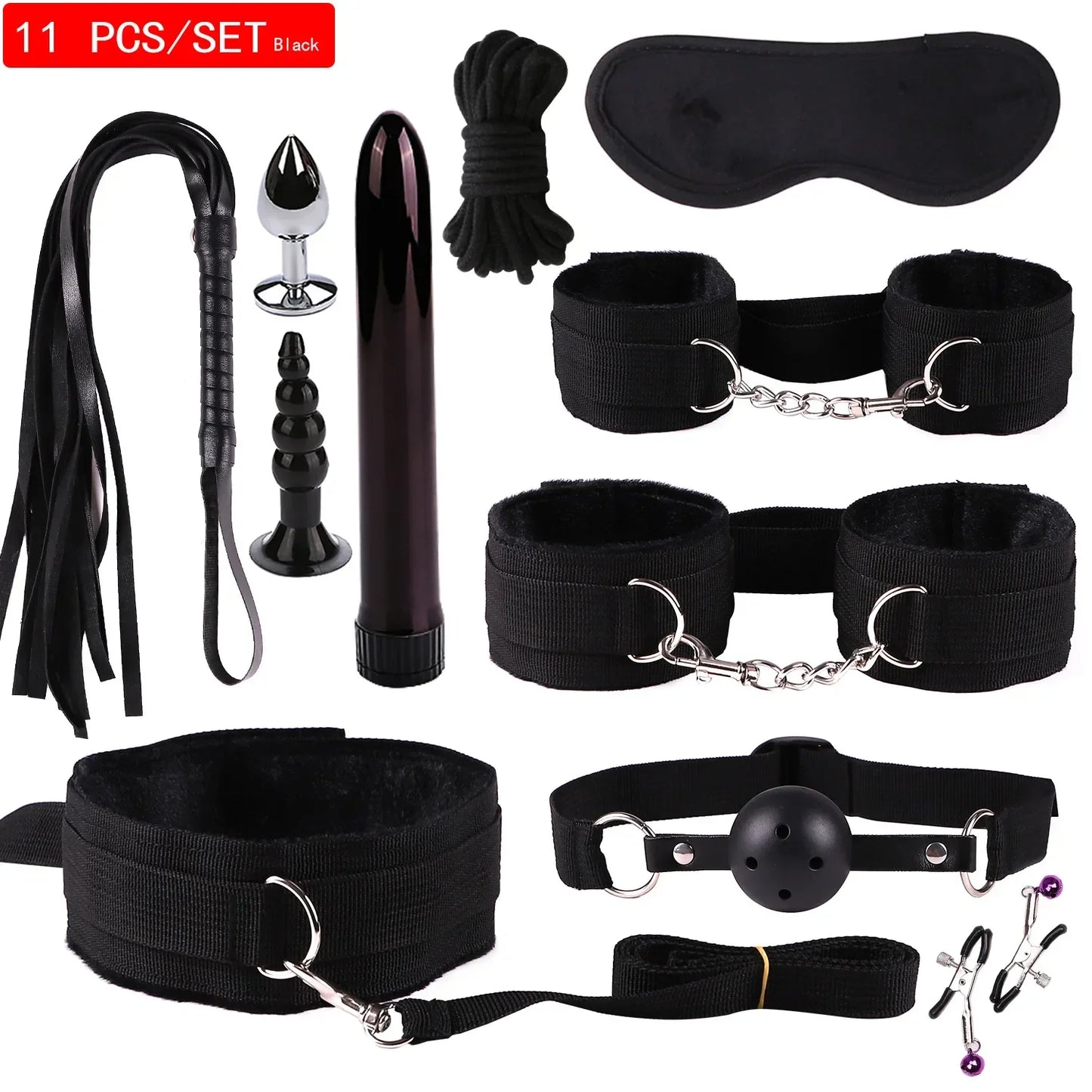Genuine Leather BDSM Bondage Set – Collar, Cuffs, Gag & Whip