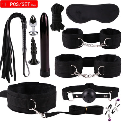 Genuine Leather BDSM Bondage Set – Collar, Cuffs, Gag & Whip