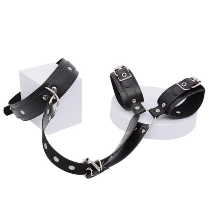 Leather Neck & Wrist Cuff Set – Gothic Bondage Collar & Handcuffs