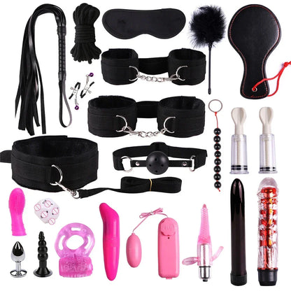 Genuine Leather BDSM Bondage Set – Collar, Cuffs, Gag & Whip