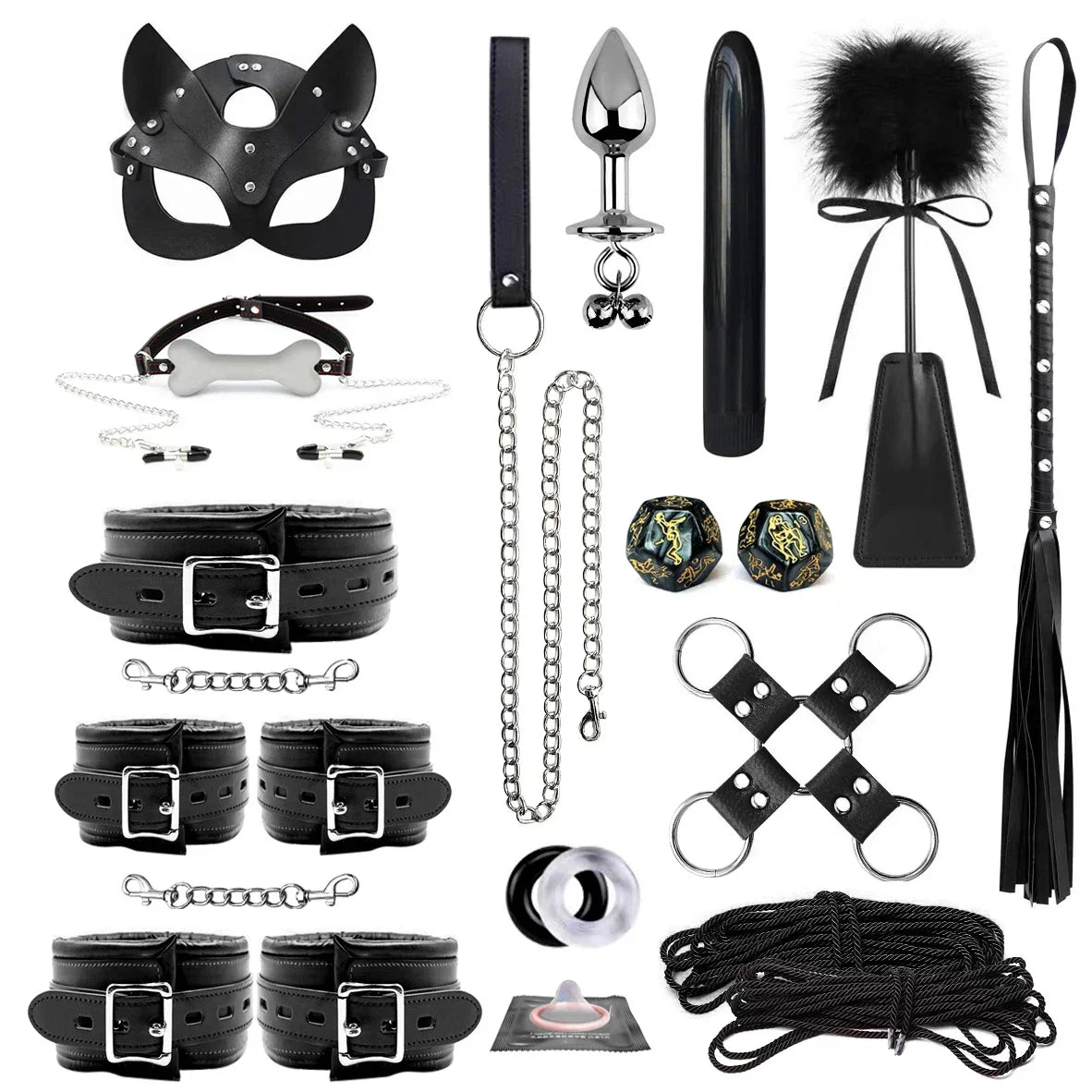 Genuine Leather BDSM Bondage Set – Collar, Cuffs, Gag & Whip
