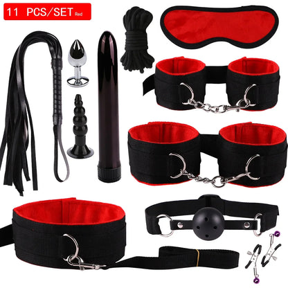 Genuine Leather BDSM Bondage Set – Collar, Cuffs, Gag & Whip