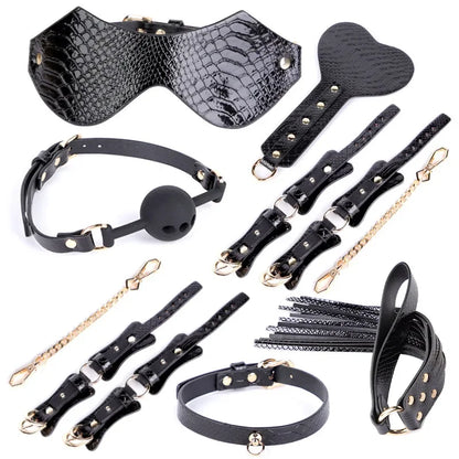 Genuine Leather BDSM Bondage Set – Collar, Cuffs, Gag & Whip