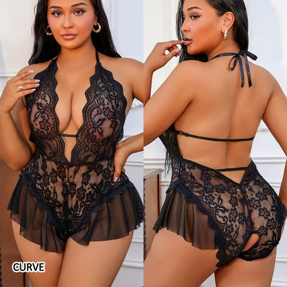 Plus‑Size Crotchless Lace Bra & Panty Set – 1XL to 4XL, Deep V Transparent