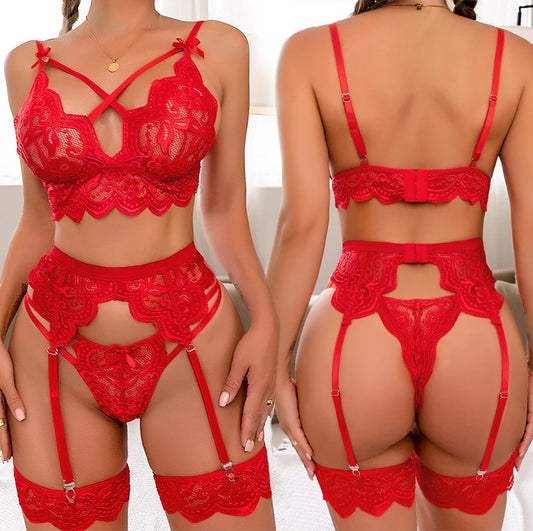Sheer Lace Teddy & Garter Set – 3‑Piece Babydoll Bra, Panty & Belts