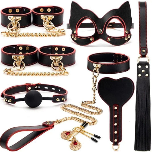 Genuine Leather BDSM Bondage Set – Collar, Cuffs, Gag & Whip