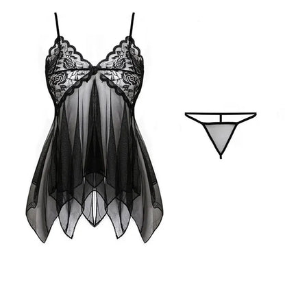Exquisite Lace Tulle Suspender Lingerie Set – V-Neck Thong Nightdress for Women